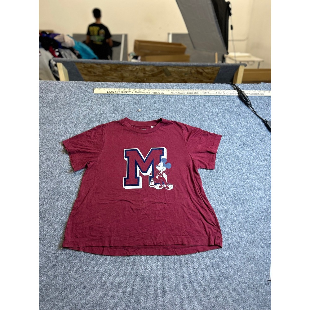 Uniqlo T-Shirt Womens XL Burgundy Mickey Mouse Varsity Graphic Short Sleeve Tee